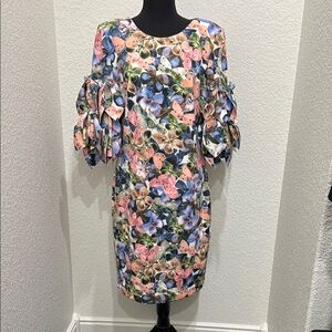 Badgley Mischka Pink and Blue Sheath Dress with Flutter Sleeves